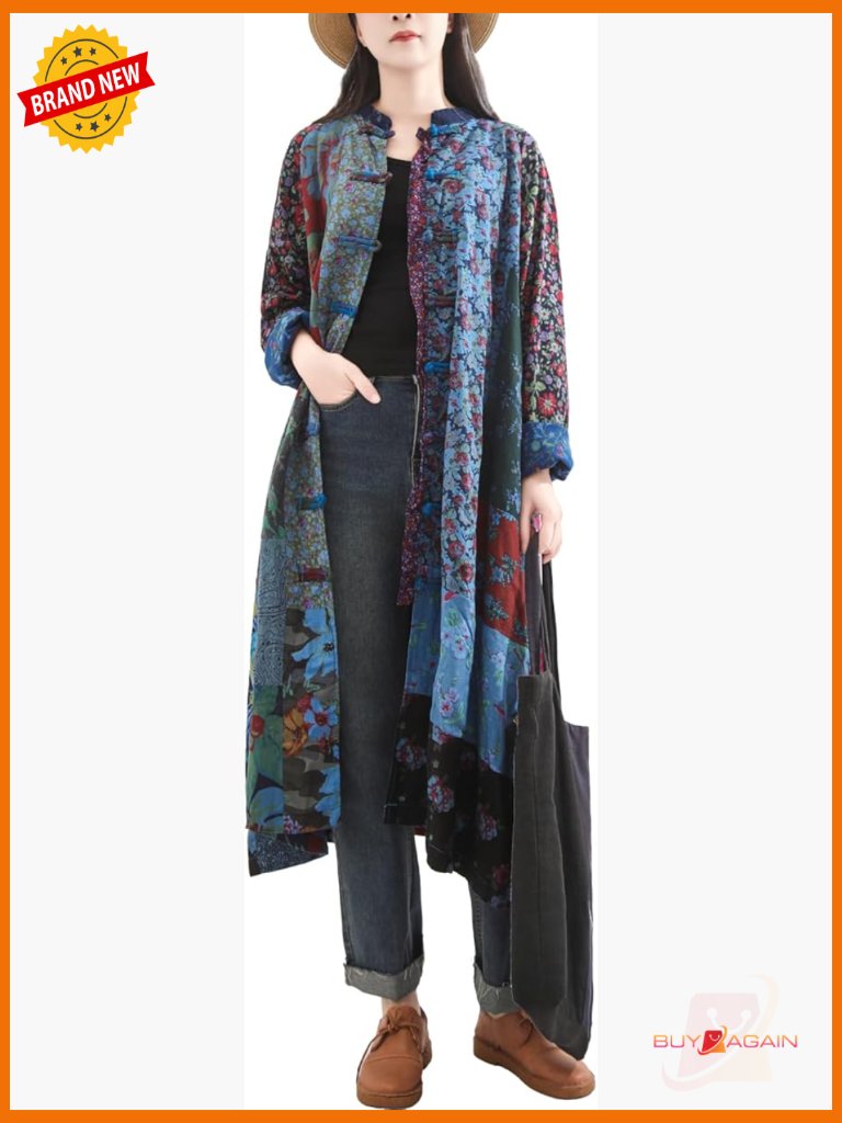 Women's Floral Patchwork Trench Coat Bohemian Duster Linen Cotton Long Jacket
